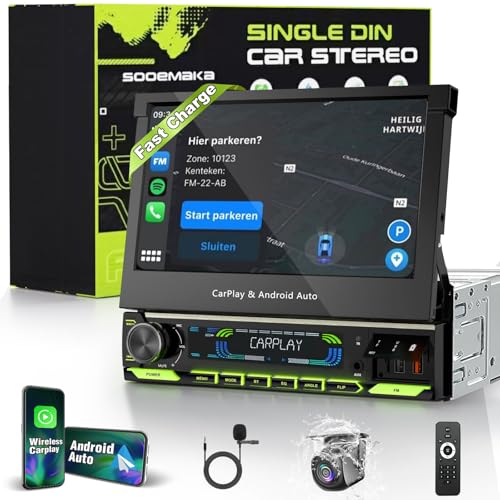 【SOOEMAKA】 Single Din Touchscreen Radio with Wireless CarPlay, 7 inch QLED Android Auto Screen for car,Motorized Flip Out Car Stereo Upgrade Fast Charging(QC/PD 3.0)/AM/FM/DSP/AHD