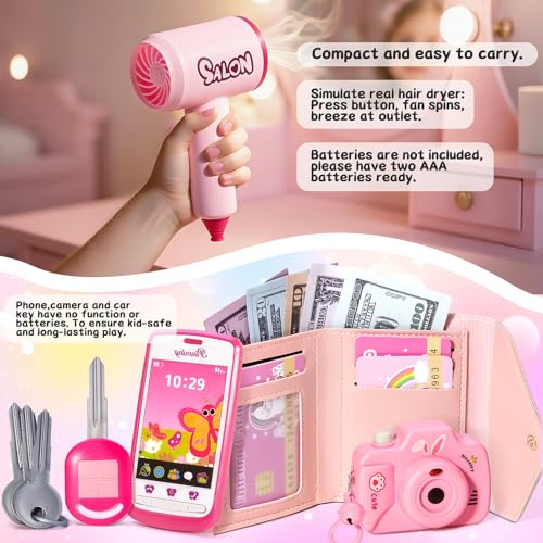 Little Girl Purse with Pretend Makeup for Toddler 3-5, Kids Play Purses for Girls with Accessories Age 4-6 6-8, Toddler Play Makeup Set for Kids, Fake Make up - Pink - Thumbnail 4