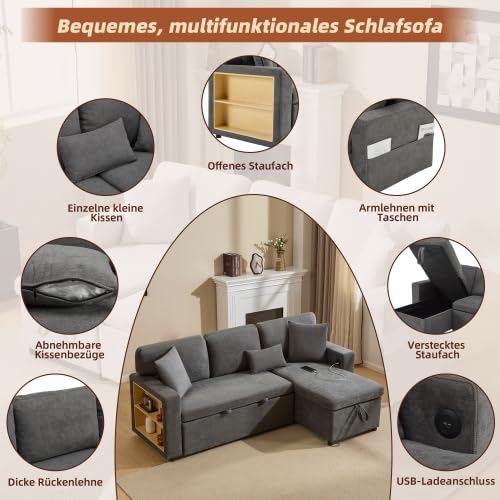 L-Form Schlafsofa Ecksofa Ausziehbar mit Schlaffunktion, Bettkasten & Regal, Dunkelgrau – Platzsparendes Sofa für kleine Wohnungen & Jugendzimmer, bis zu 4 Sitzplätze, Stauraum und USB-Anschluss