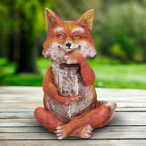 Exhart Garden Sculpture, Fox Solar Garden Statue with Glass Jar, 8 LED Firefly Lights, Outdoor Garden Decoration, 6.5 x 8 x 11.5 Inch