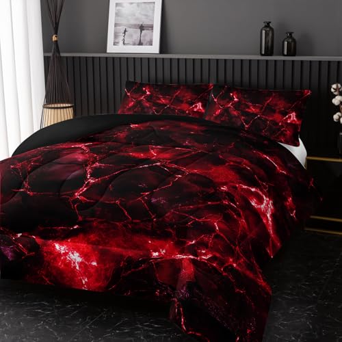 Image of Nttopship Red Comforter Set King Size,Red Marble Bedding Set 3 Pcs Bedding for Adults, Marble Room Decor with Comforter and 2 Pillowcases Soft and Lightweight B-Side Black