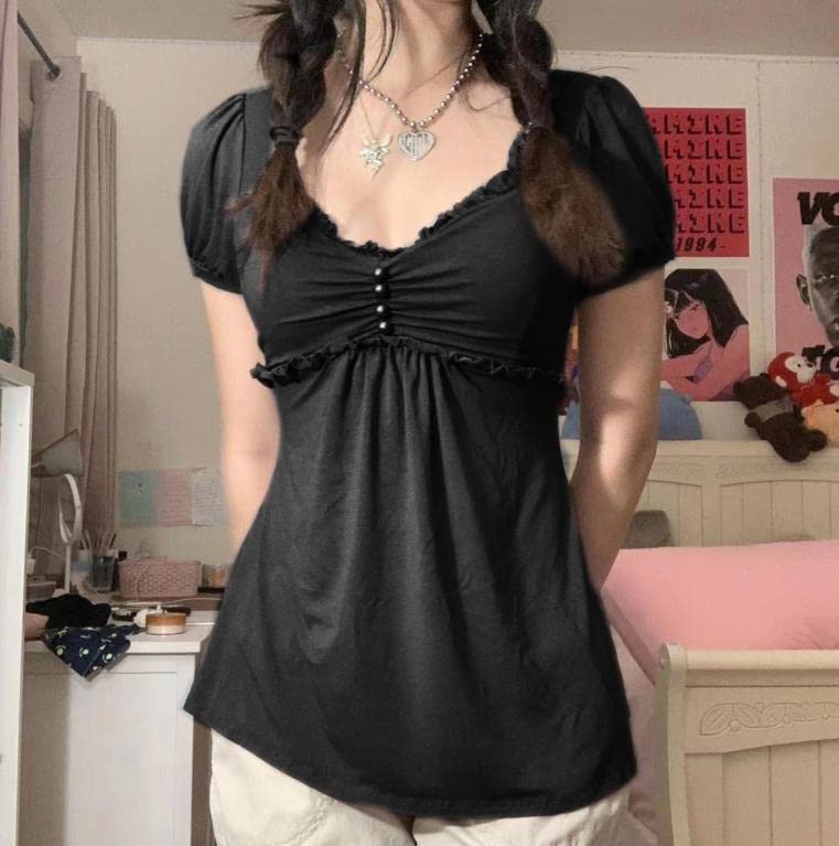 Women Y2K Fairy Grunge Crop Top Vintage Aesthetic Puff Short Sleeves Slim Babyboll Shirt Cute Coquette Top Clothes2