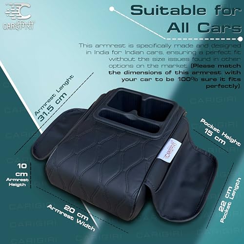 Image of Carigiri Nappa Leatherette,Foam ComfiRest Pro Car Armrest Cushion with Cup Holder| Arm Cushion| Universal for All Cars| Armrest with Mobile Holder (Black,Utility Pockets,Dual Cup Holder,Mobile Holder)