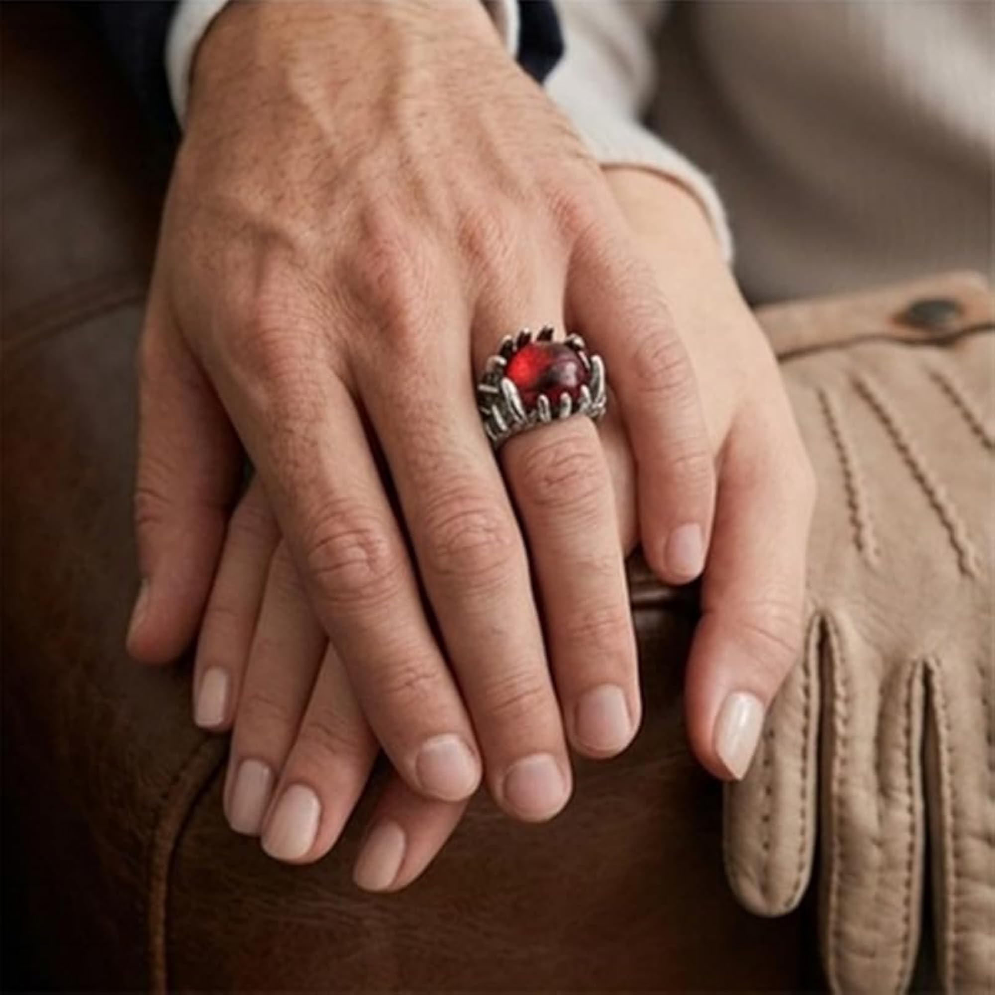 Adjustable Stainless Steel Red Dragon Claw Ring, Gothic Fantasy Design