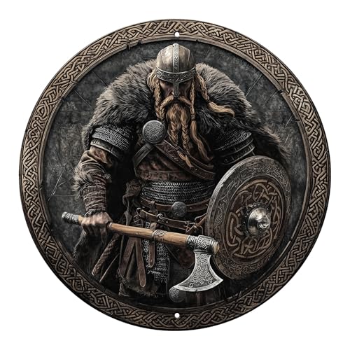 KLHSOF Vintage Viking Warrior Sign Metal Sign Retro Round Tin Sign Aluminum Sign for Farmhouse Yard Home Bar Bedroom Wall Decor 8 Inch