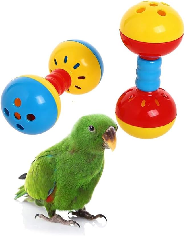 QBLEEV Parakeets Conures Toys, Bird Rattles Bells Foot Toys, Enrichment Barbell Ball, Play Gym Activity Center Cage Accessories for Medium Parrots - 2 Pack