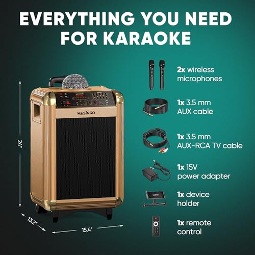 MASINGO Karaoke Machine for Adults & Kids with 2 Wireless Microphones - Portable Singing PA Speaker System w/Two Bluetooth Mics, Party Lights, Lyrics Display Holder & TV Cable - Soprano X1 - Thumbnail 7