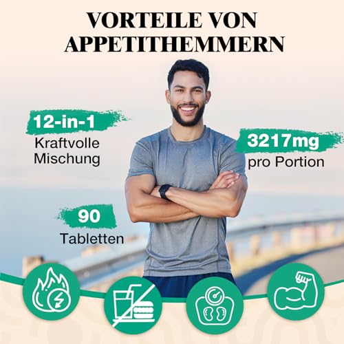 12-in-1 Appetitzügler & Fettverbrenner für Männer – 3217mg Hochdosiert mit Glucomannan aus der Konjakwurzel, Grüntee, Chitosan & Forskolin – Natürlich, Ballaststoffe, Sättigung – 90 Tabletten