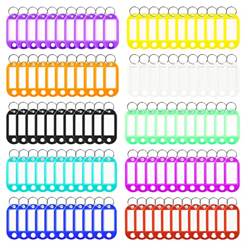 PATOMOS 110 pcs Porte Étiquettes Cle à bagages en plastique de voyage avec porte-clés etiquette d'identification Porte-Clés (10 couleurs)
