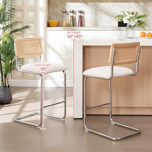 Image of ONEVOG Rattan Counter Height Bar Stools Set of 2, 26 inch Boucle Barstools with Natural Solid Wood Cane Back & Matte Black Metal Legs, Upholstered Counter Kitchen Island Chairs, Cantilevered Design, White