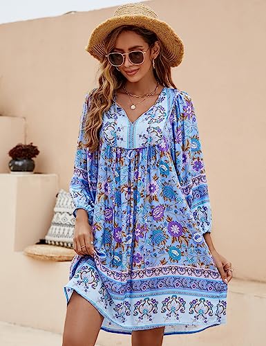 Image of Bluetime Women Casual Summer Dress Boho V Neck 3 /4 Sleeve Babydoll Floral Print Flowy Beach Dress