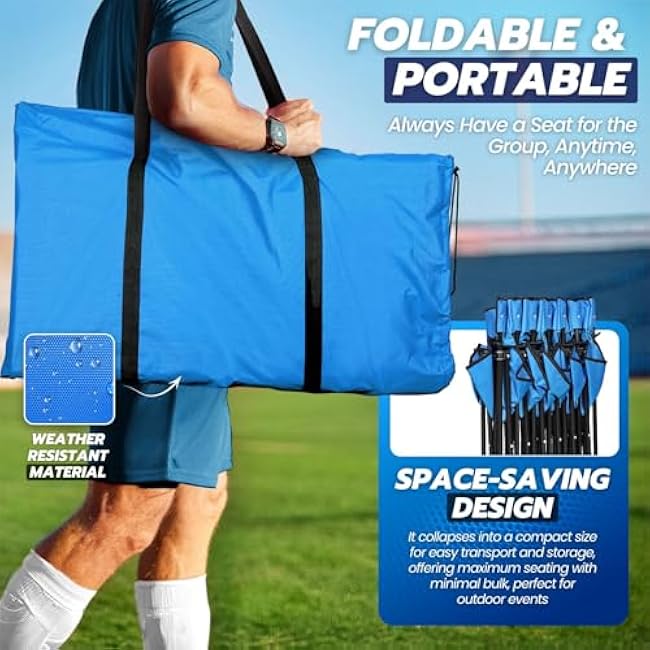 Flexzion Portable Folding Bench Seat, 6 Seater, Collapsible Soccer Bench, Portable Bench Seats for Bleachers, Camping, Sideline, with Back Rest and Carrying Bag, Blue