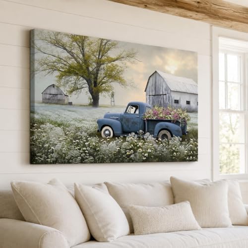 Farmhouse Wall Art, Vintage Barn and White Daisy Florals Picture Canvas Wall Art, Country Old Truck Canvas Prints, Vibrant Spring Landscape Prints for Farmhouse Living Room Wall Decor 18x24 Inches — view 2
