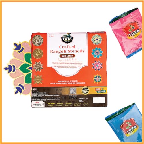 Image of TOTA Rangoli Stencil - Set of 2 Rangoli Colours + 1 MDF Stencils 6X6 inch | Reusable 3D Rangoli for Diwali Home Decoration Navratri Pongal Onam Puja