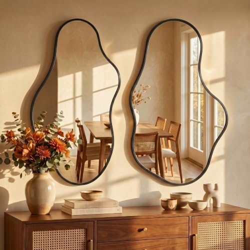 Image of Dorlicecass Bathroom Mirrors for Over Sink - Long Wall Mirrors Decorative 24 inchx 43 inch Asymmetrical Abstract Aviation Aluminum Alloy Frame Unique for Bedroom, Living Room, Cloakroom, Entryway Black