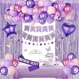 BlueCloudy Decoración de cumpleaños morada para mujer, globos rosa pastel y morado, mantel foil, banda, corona, cortinas de flecos, bandera Feliz Cumpleaños, guirnalda de círculos, topper mariposa