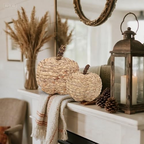 Image of winemana 2 Pack Pumpkin Fall Decor, Woven Wicker Pumpkins for Home, Beige | Cattail Material, Farmhouse Style, Autumn Thanksgiving Decorations, Fall Centerpieces for Table Porch Mantel Indoor