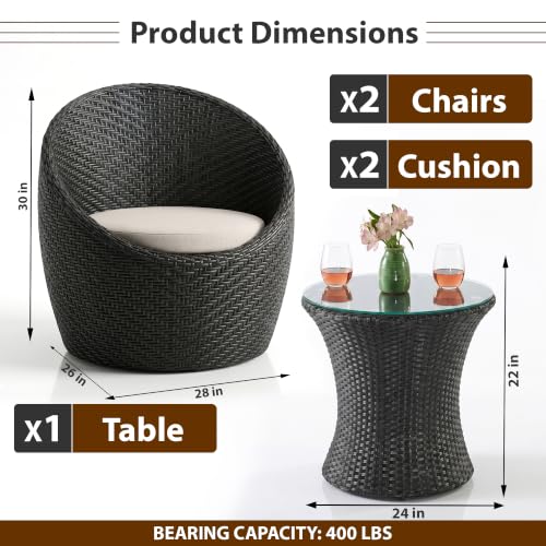 Image of OUTLIVING Outdoor Two Seater Rattan & Wicker Conversation Mudda Set | UV & Water Resistant Patio & Garden Furniture Set with 2 Cushioned Chairs & Glass Top Center Table | Black & White