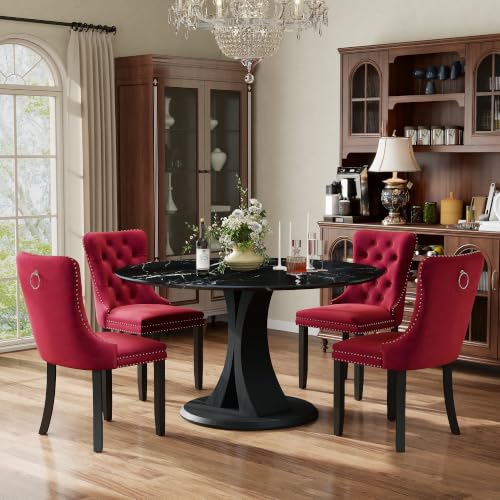 Image of 5-Piece Dining Table Set for 4 with 47 In Black Faux Marble Round Table