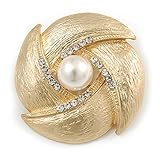 Style : vintage Broche vintage en plaqué or avec strass texturés et fausses perles, 4,5 cm de diamètre, taille unique, Pas de type de métal, diamante Fausses perles.