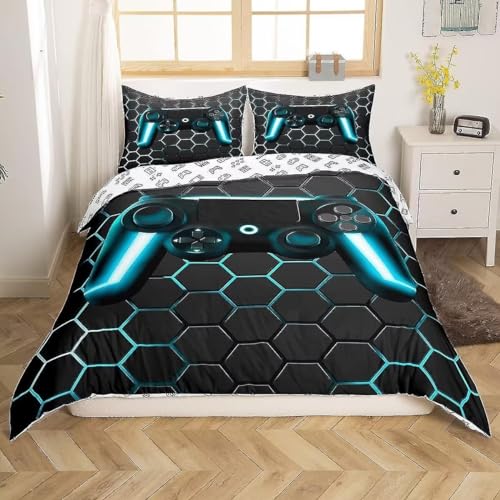 Tabeskly Boy Black Blue Gaming Bedding Duvet Cover Set Single, Kids Gamepad Gamer Soft Zipper Childrens Full Bed 3 Piece Quilt Covers and Pillowcases 200×200cm
