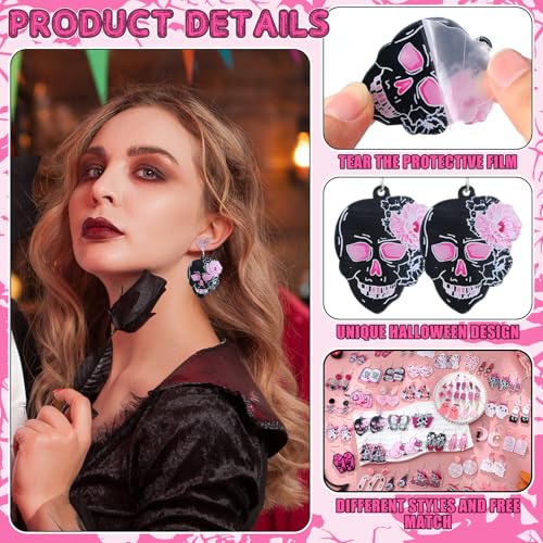 Nosiny 48 Pairs Pink Halloween Earrings Set for Women Ghost Skeleton Bat Drop Dangle Earrings Lightweight Acrylic and Alloy for Halloween Party Jewelry Gifts3