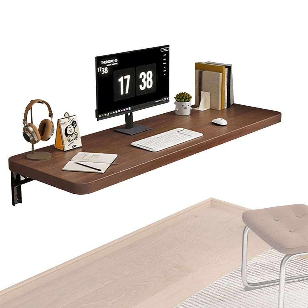 GJZQDKX Wooden Wall-Mounted Folding Table - Space-Saving Collapsible Desk, Floating Workbench for Small Spaces, Home Office, Study & Bathroom (Walnut, 120x30cm/48x12in)