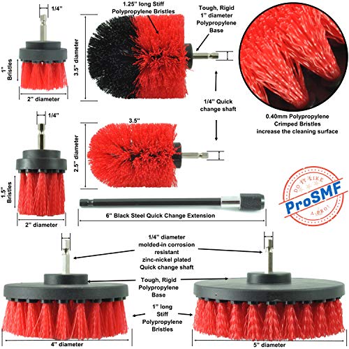 Prosmf Drill Brush Attachment Set - Scrub Brush For Drill - Power Scrubber - Household Cleaning Tools - Garage - Siding - Patio - Decks - Bird Bath - Brick - Stone - Red - Firm - Stiff Bristles #TOP7