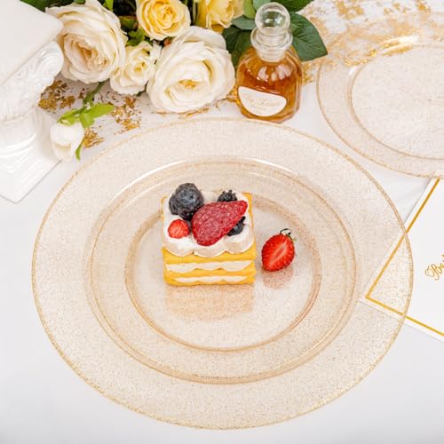 Image of 200 Pcs Gold Glitter Plastic Plates - Disposable Party Plates, Gold Glitter Disposable Plate Include 100 Dinner Plate and 100 Dessert Plate, Plastic Plate for Party, Holiday, Wedding & Birthday