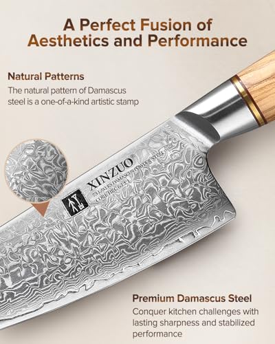XINZUO Set Cuchillo Cocina con Bloque de Cuchillos 8 Piezas, Acero en Polvo de Damasco de 73 Capas Juegos de Cuchillo de Chef Profesional-Mango de Madera de Olivo -con Tijeras de Cocina y Chaira - imagen 7