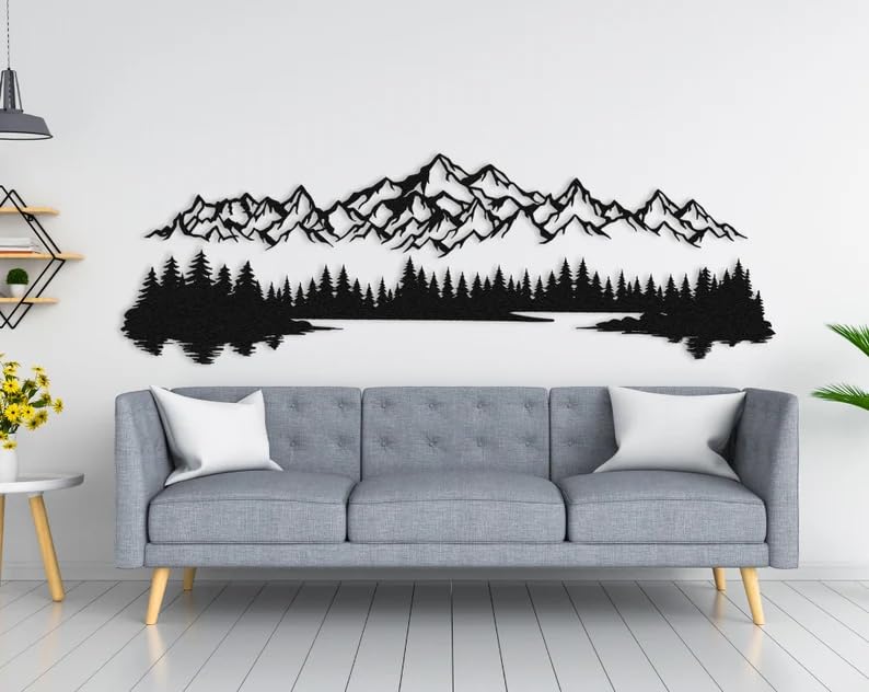 NORTH KAISER Arte Mural Metálico | Decoración Pared Metal Montaña Y Bosque | Escultura Pared Grande Para Casa Rústica, Sala De Estar, Dormitorio, Interior Exterior (Negro, 180 x 59 cm)