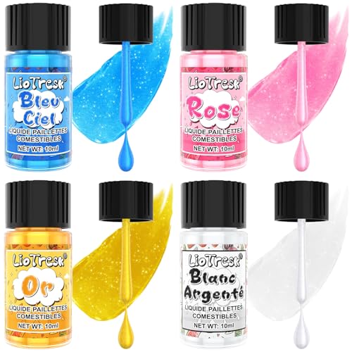 Paillettes Alimentaires Comestibles, 4 Couleurs Liquide Paillettes Comestibles Colorants Alimentaires Peinture pour Gâteau, Colorant Alimentaire Poudre pour La Décoration, Glaçage, Cocktails - 10ml