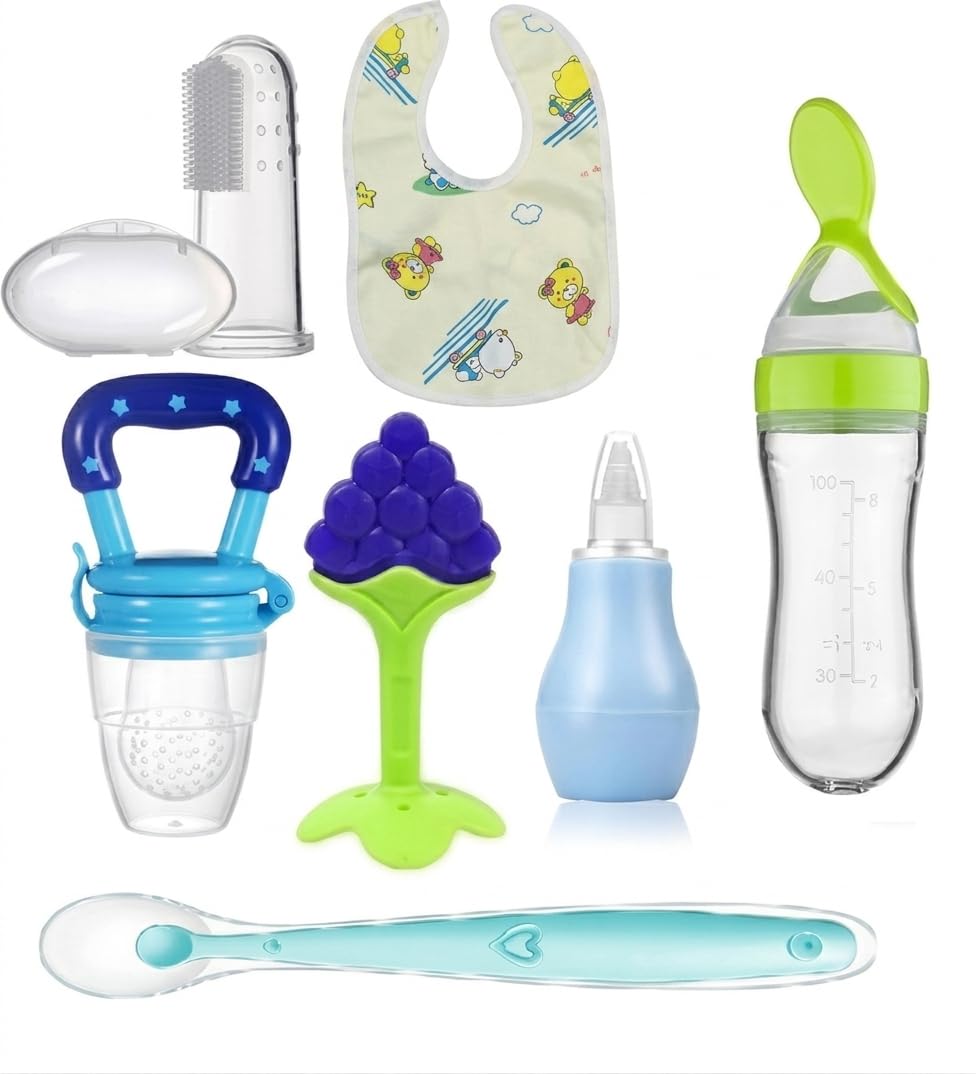 7-in-1 Baby Feeding & Teething Combo | Fruit Shape Silicone Teether, Food Feeder Pacifier, Finger Toothbrush with Case & Waterproof Bib | Silicone feeding spoon |Nozal | Feeding spoon BPA-Free Infant Oral Care Set (Pack of 7) (Green)-image-25