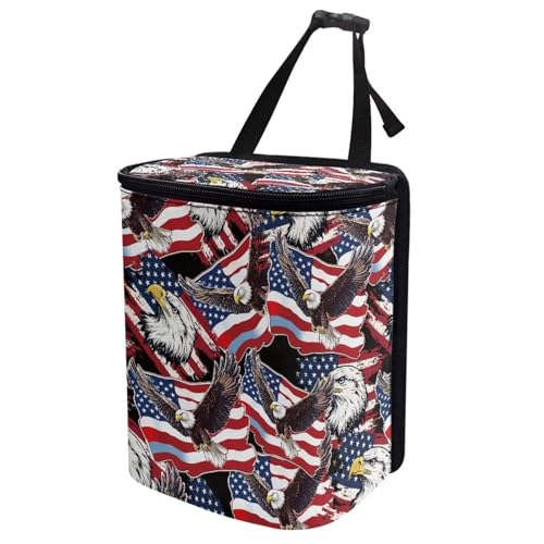 Image of Talayituse American Flag Eagle Print Car Trash Can with Lid, 4th of July Leak Proof Auto Trash Bag Hanging Vehicle Garbage Can Multipurpose Storage Container for Back Seat Road Trip