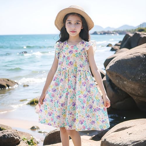 Floral Beach Dress for Kids Girls Sleeveless Round Neck Cotton Summer Casual Frocks Toddler Girls Cute Trendy Outfits2