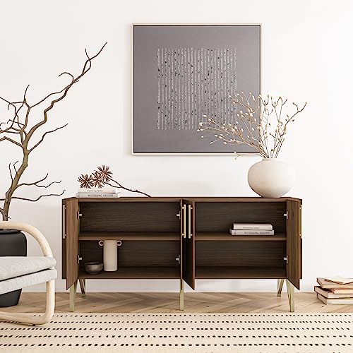 Tilly Lin 65" Mid Century Modern Tv Stand, Modern Credenza Sideboard Buffet Cabinet, Walnut Media Console For Living Room, Boho Entertainment Center With Storage, Gold Metal Legs #TOP6