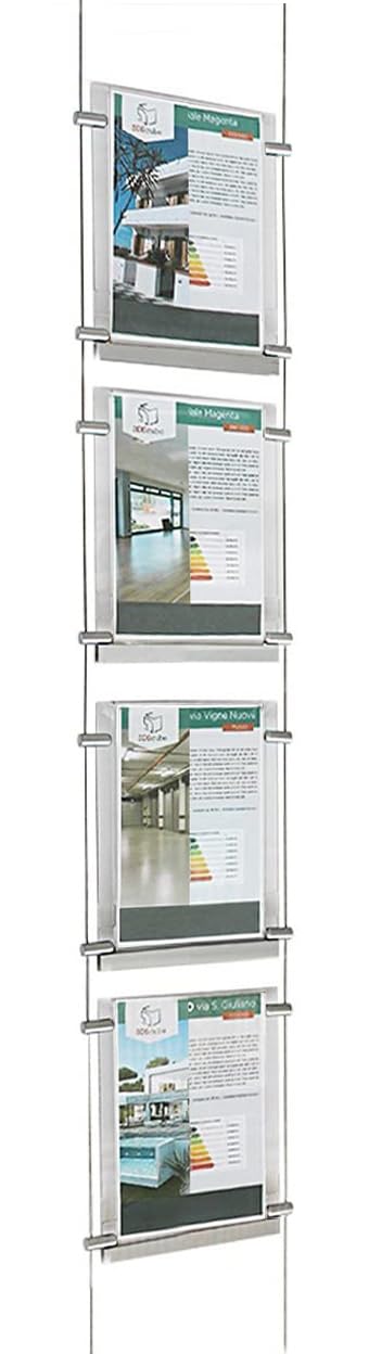 Espositore a cavetti luminoso monofacciale da vetrina, EVO LED KIT 1x4 con cartelle luminose in plexiglass formato A4 verticale, porta annunci per agenzie immobiliari, studi fotografici
