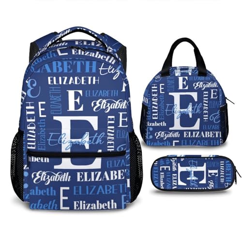 School Backpack for Boys Girls, Custom Name Kids Backpacks Matching Combo, Personalized Navy Bookbag with Lunch Box for Kindergarten Primary Elementary, Schoolbag with Pencil Case Bundle