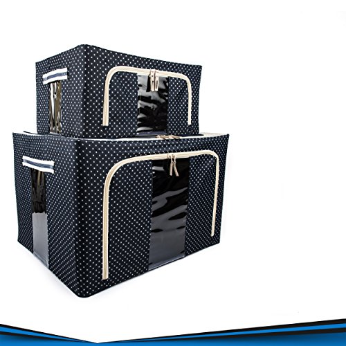 Set of Fabric Storage Boxes—Elegantly Organize Clothing, Shoes, Books and Household Accessories—Two Sizes in Oxford Cloth with Two Zippered Openings for Easy Access and Two Windows to View Contents
