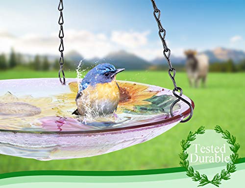 Mumtop 11-Inch Hanging Bird Bath For Outdoors Glass Bird Bath Bird Feeder For Garden Decoration (Bee And Flower Pattern) #TOP3