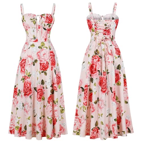Women Pink Floral Midi Corset Dress Summer Lace Up Boho A-Line Sundress — view 6