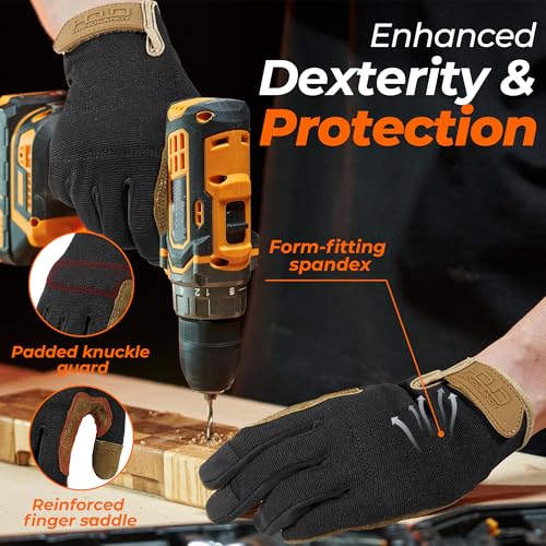 Image of HANDLANDY Leather Work Gloves for Men & Women, Utility Mechanic Touch Screen Working Gloves for Gardening, Driving, Tool Handling, Construction (Brown Black, Small)