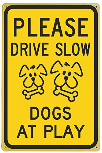 Please Drive Slow - Dogs at Play Drive Slow Signs Please Down Sign Watch Dogs Play Indoor Outdoor Road Dog Yard Water Tin Signs 8X12Inch