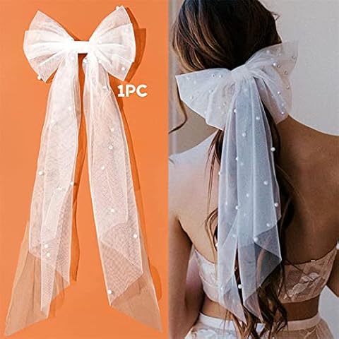 1Pc Hair Clip Wedding Bridal Bow Veils White, Vintage Lace Hair Barrettes with Pearl, Large Ribbon Big Bow, Bridesmaid Hair Accessories for Party Gift Girls Women (French Barrette) Cover