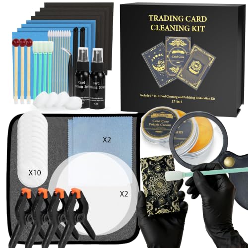 Card Care Clean Kit 17-in-1 Card Cleaning and Polishing Restoration Kit Trading Card Cleaning Box with Cleaning Spray and Balck Nitrile Gloves Suitable for Surface Card Care&Flatten Edges 15