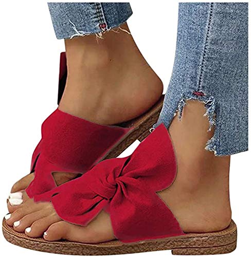 Xnhgfa Women Orthotic Sandals Bunion Flat Sandals with Arch Support Flip Flops Outdoor Toe Post Bow Knot Sandal Comfy Platform Toe Sandals Beach Shoes,Red,40