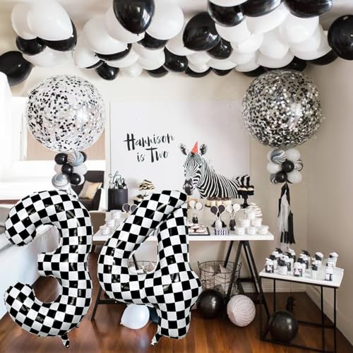 Image of 40 Inch 2nd Birthday Number Balloon, Checkered Foil Self Inflating 2 Balloons Decor, Big Black and White Racing Helium Number 2 Balloons for Girls Boys Birthday Race Car Flag Party Decoration Supplies