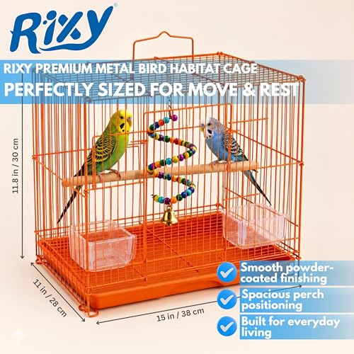 Image of Rixy Metal Bird Cage - 15 inch (1.25 feet) | Habitat Cage with Free Hanging Toy (1) + Perches (1) + Food & Water Feeder Cups (2) for Budgies, Lovebirds, Finches, Canaries & Cockatiel(Colour May Vary)