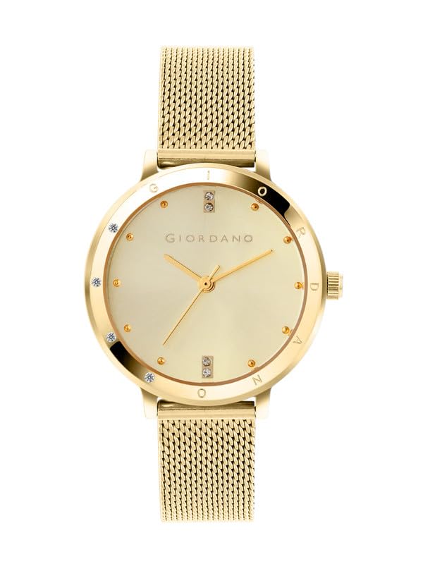 Image of Giordano Analog Quartz Watch for Women with Round Dial, Two-Hand Display, Crystal-Studded Hour Markers and Bezel and Stainless Steel Mesh Strap - A2085