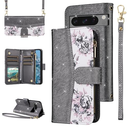 Furiet for Google Pixel 8 Pro 5G Floral Wallet Case with Flip Zipper Purse Wrist Strap Shoulder Strap Glitter PU Leather Card Holder Stand Phone Cover for Pixel8Pro Pixel8 XL Eight 8Pro Black